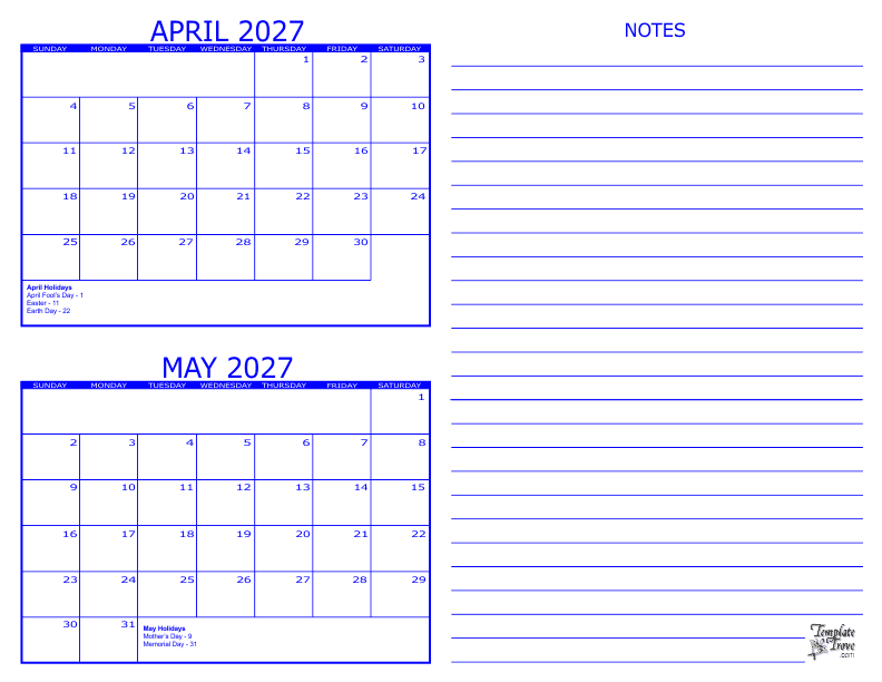 2 Month Calendar 2027