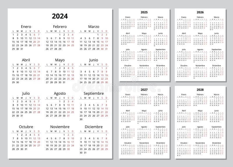 2024 2025 2026 2027 2028 Vertical Spanish Calendars Printable 