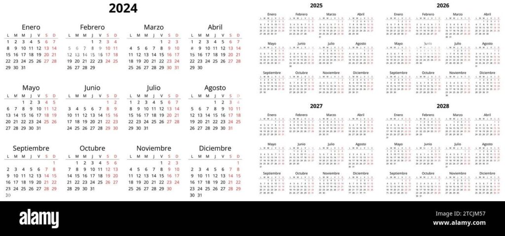 2024 2025 2026 2027 2028 Vertical Spanish Calendars Printable 