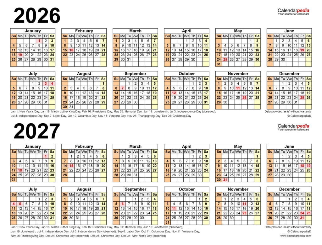 2026 2027 Two Year Calendar Free Printable Excel Templates