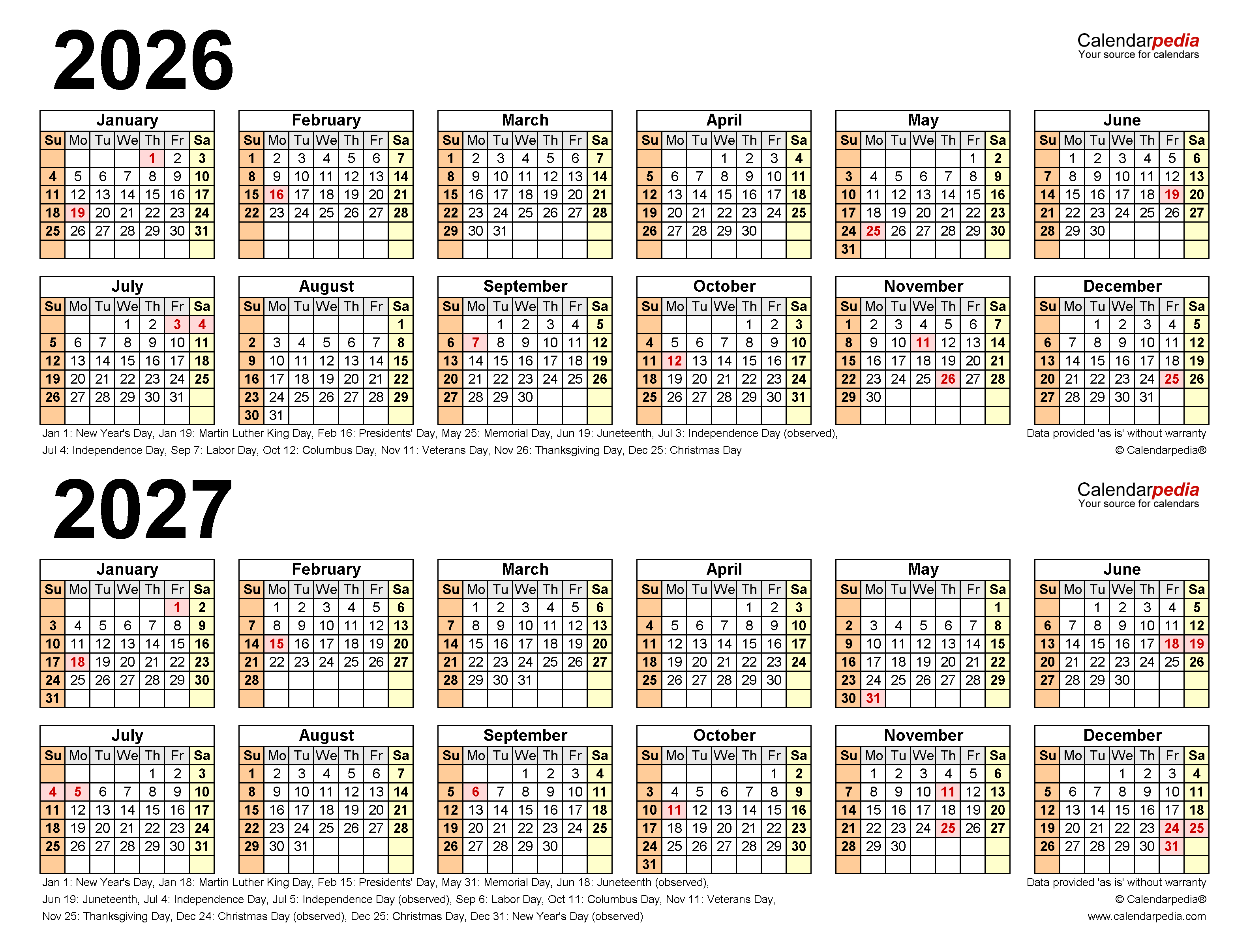 2026 2027 Two Year Calendar Free Printable Excel Templates