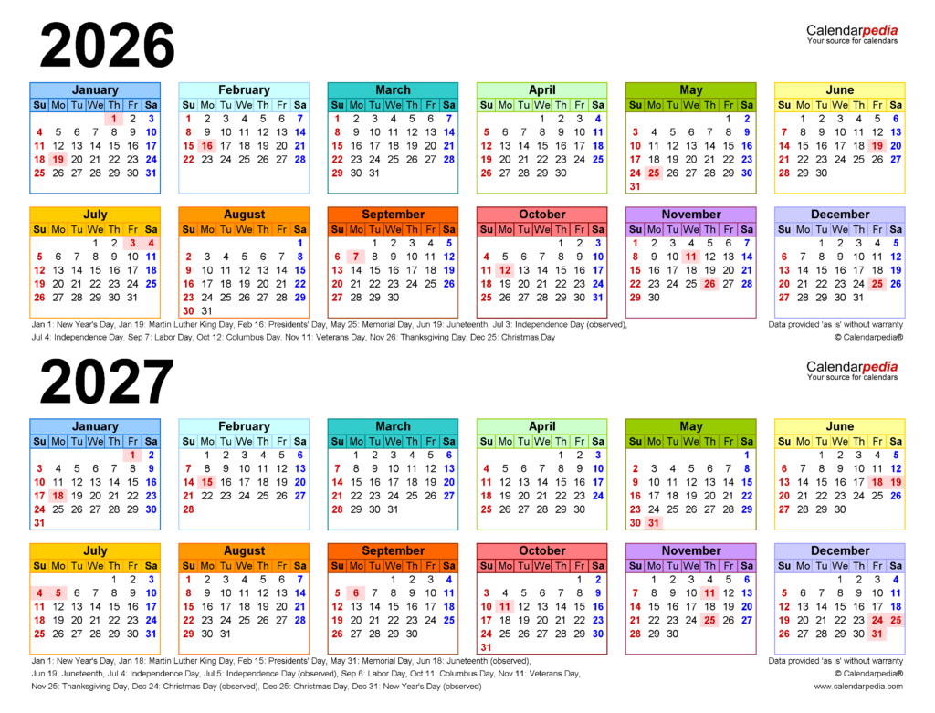 2026 2027 Two Year Calendar Free Printable Excel Templates