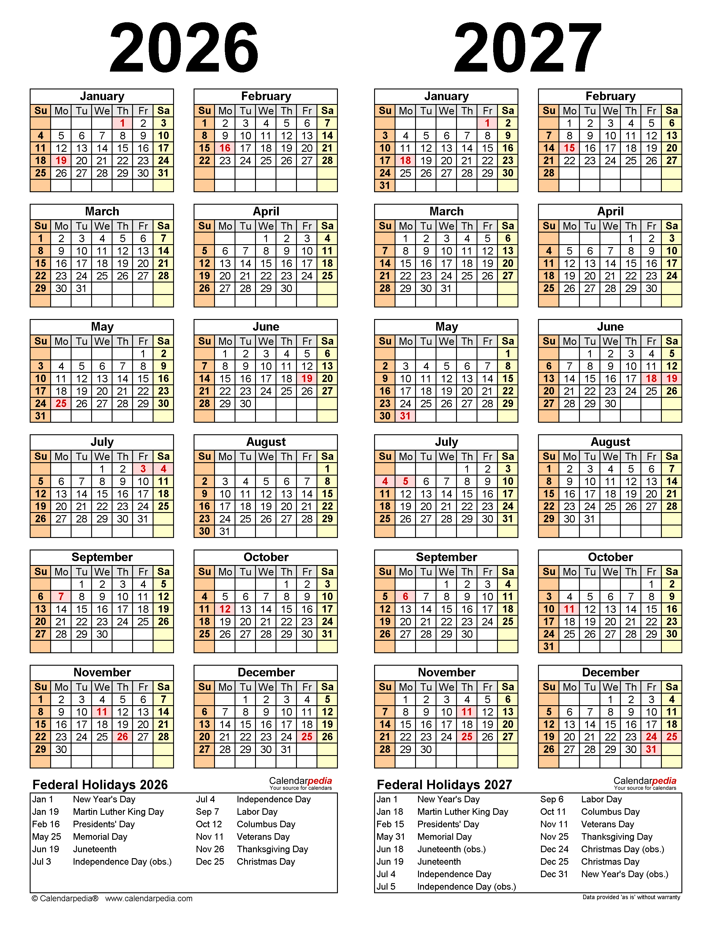 2026 2027 Two Year Calendar Free Printable PDF Templates