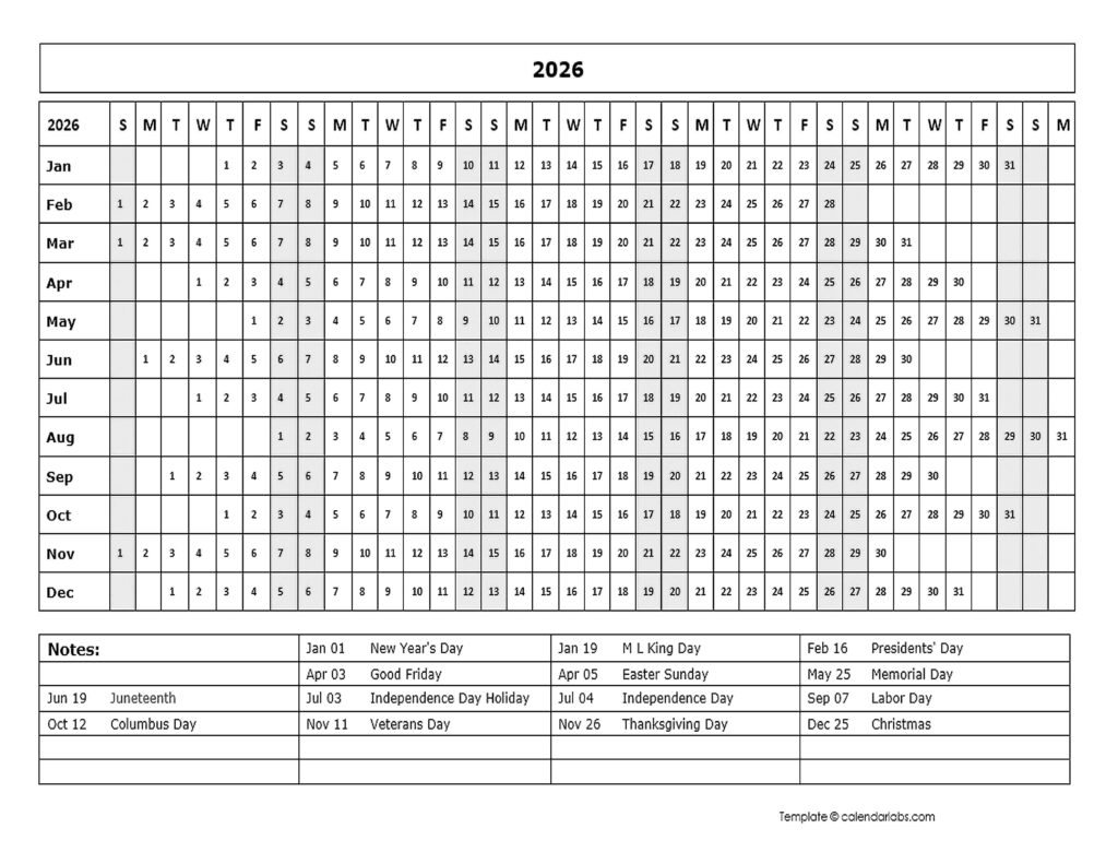 2026 Calendar Template Year At A Glance Free Printable Templates