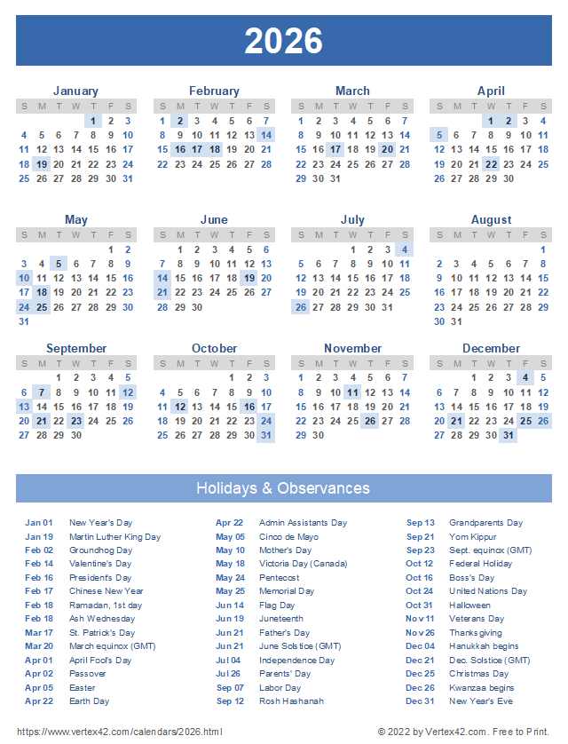 2026 Calendar With Religious Holidays Printable Printable 2026 Calendars