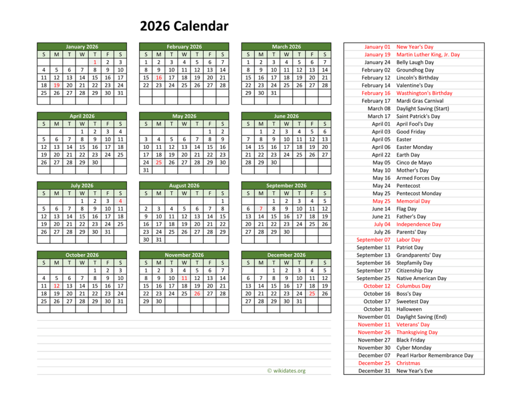 2026 Calendar With US Holidays WikiDates