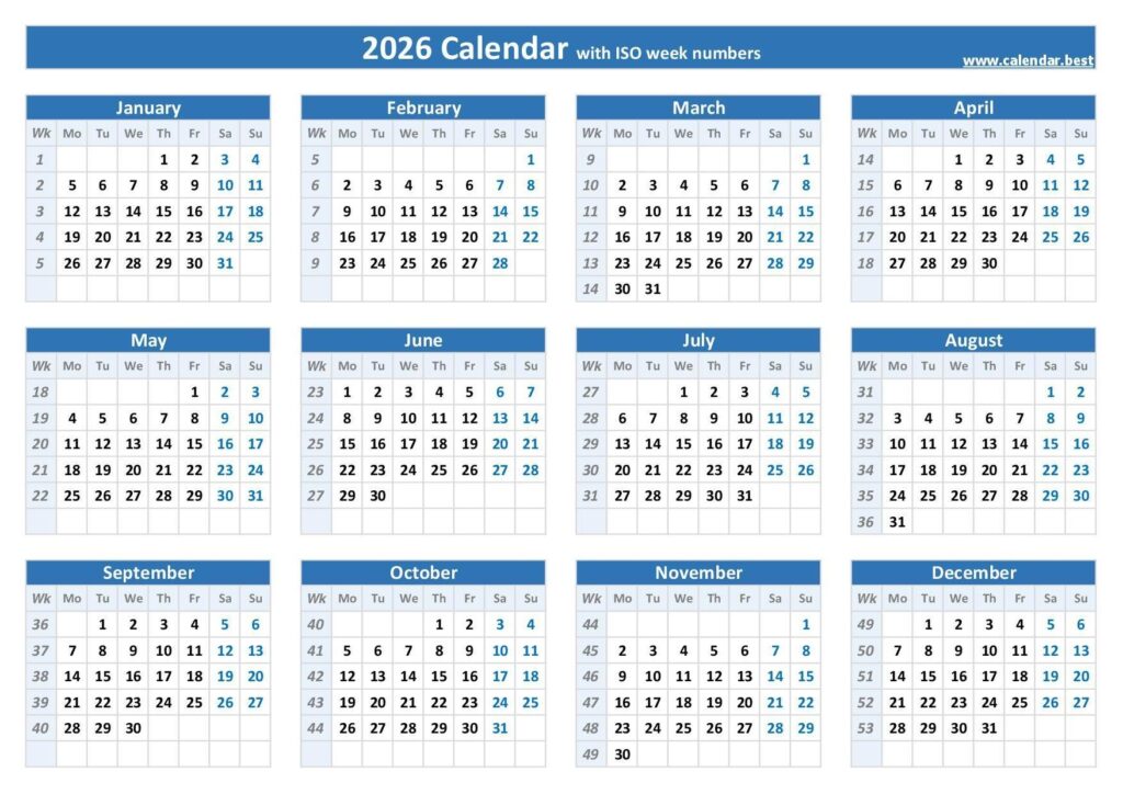 2026 Calendar With Week Numbers US And ISO Week Numbers 