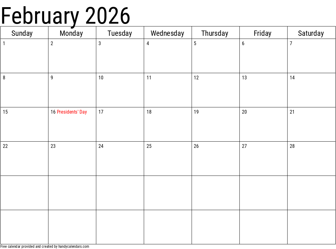 2026 February Calendars Handy Calendars