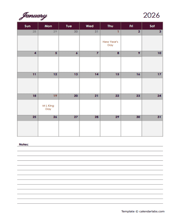 2026 Google Docs Calendar With Large Boxes Free Printable Templates