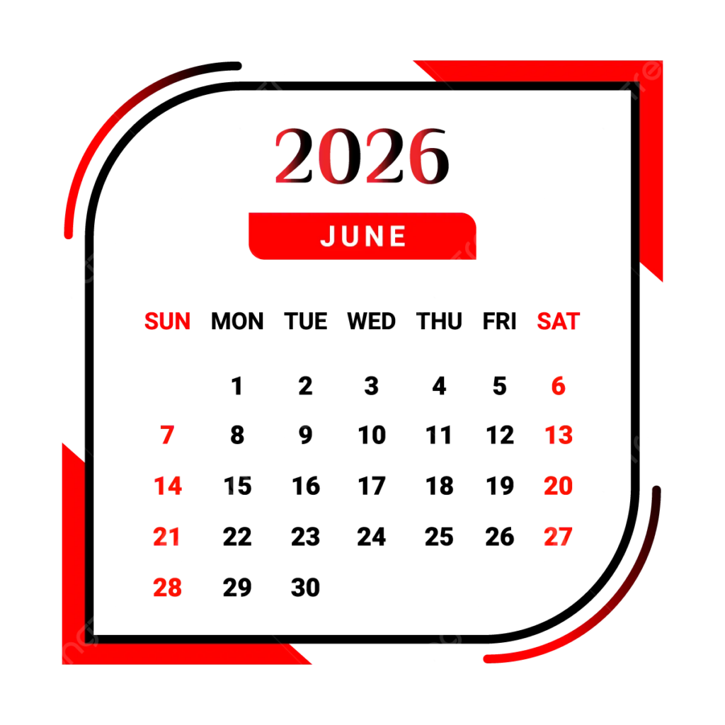 2026 June Month Calendar With Red And Black Vector Monthly Calendar