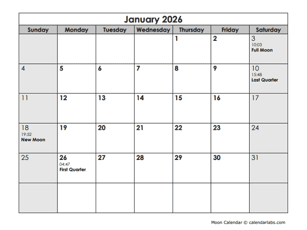 2026 Moon Phases Calendar With Days Free Printable Templates