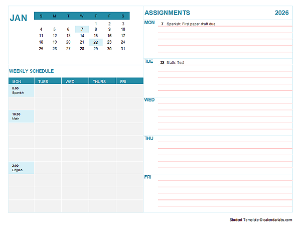 2026 Student Calendar Free Printable Templates