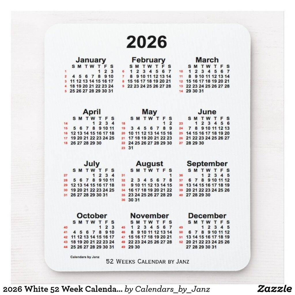 2026 White 52 Week Calendar By Janz Mouse Pad Zazzle Weekly 