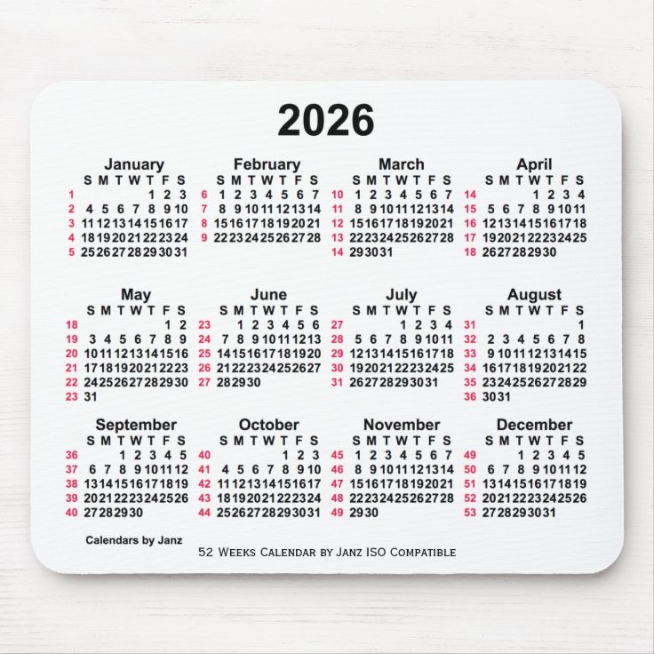 2026 White 52 Weeks ISO Calendar By Janz Mouse Pad Zazzle