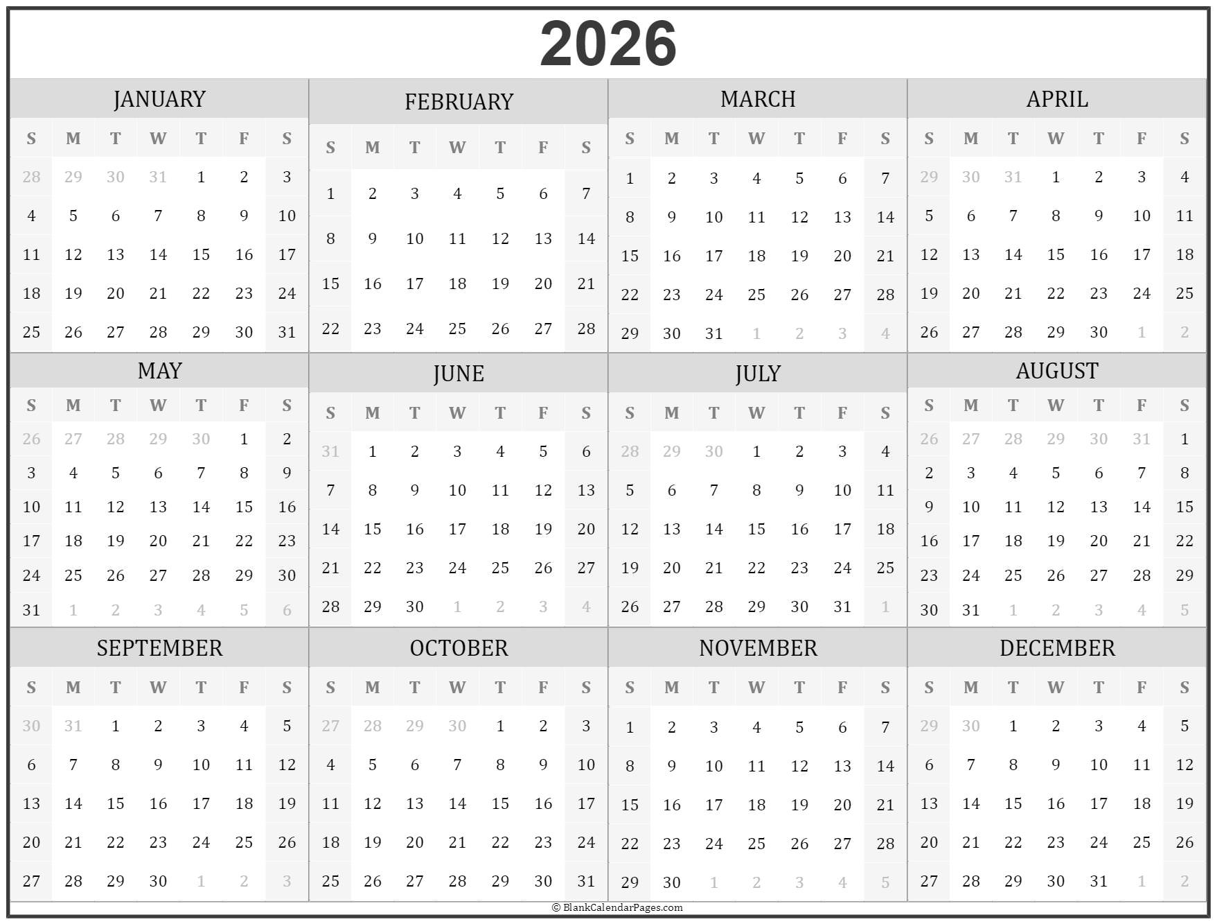 2026 Year Calendar Yearly Printable