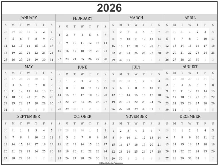 2026 Year Calendar Yearly Printable