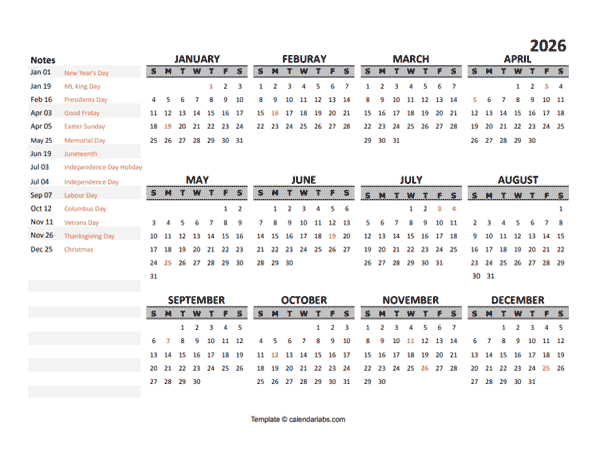 2026 Yearly Google Docs Calendar Template Free Printable Templates