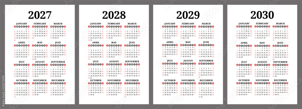 2027 2028 2029 And 2030 Calendar Set Color Vector Pocket Calender 