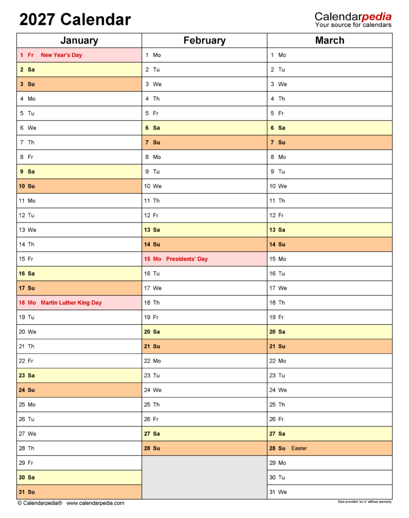 2027 Calendar Free Printable PDF Templates Calendarpedia