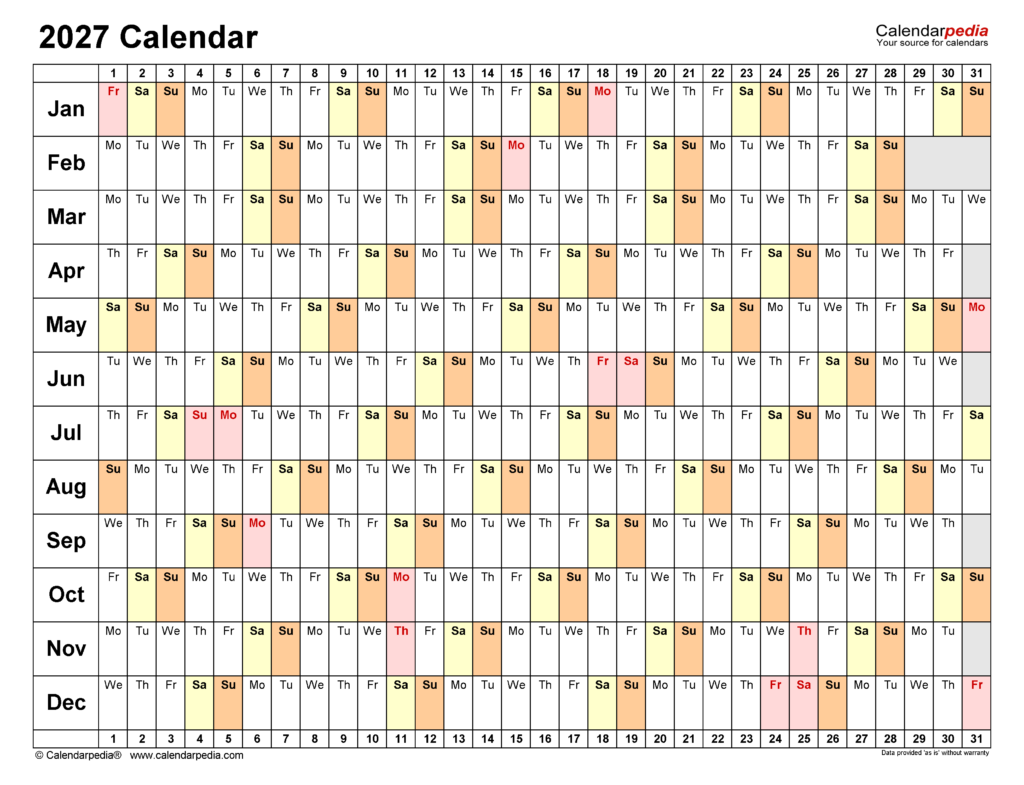 2027 Calendar Free Printable Word Templates Calendarpedia