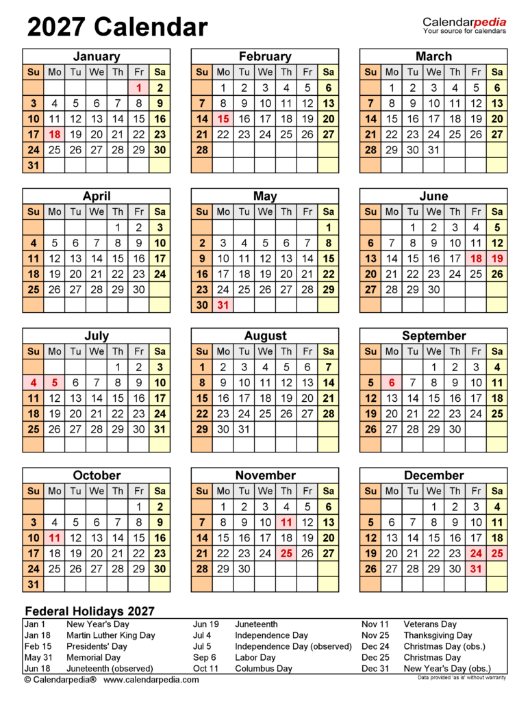 2027 Calendar Free Printable Word Templates Calendarpedia