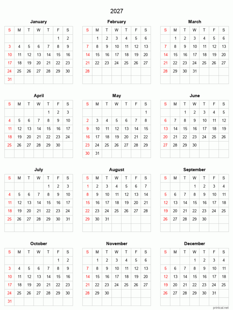 2027 Calendar Printable