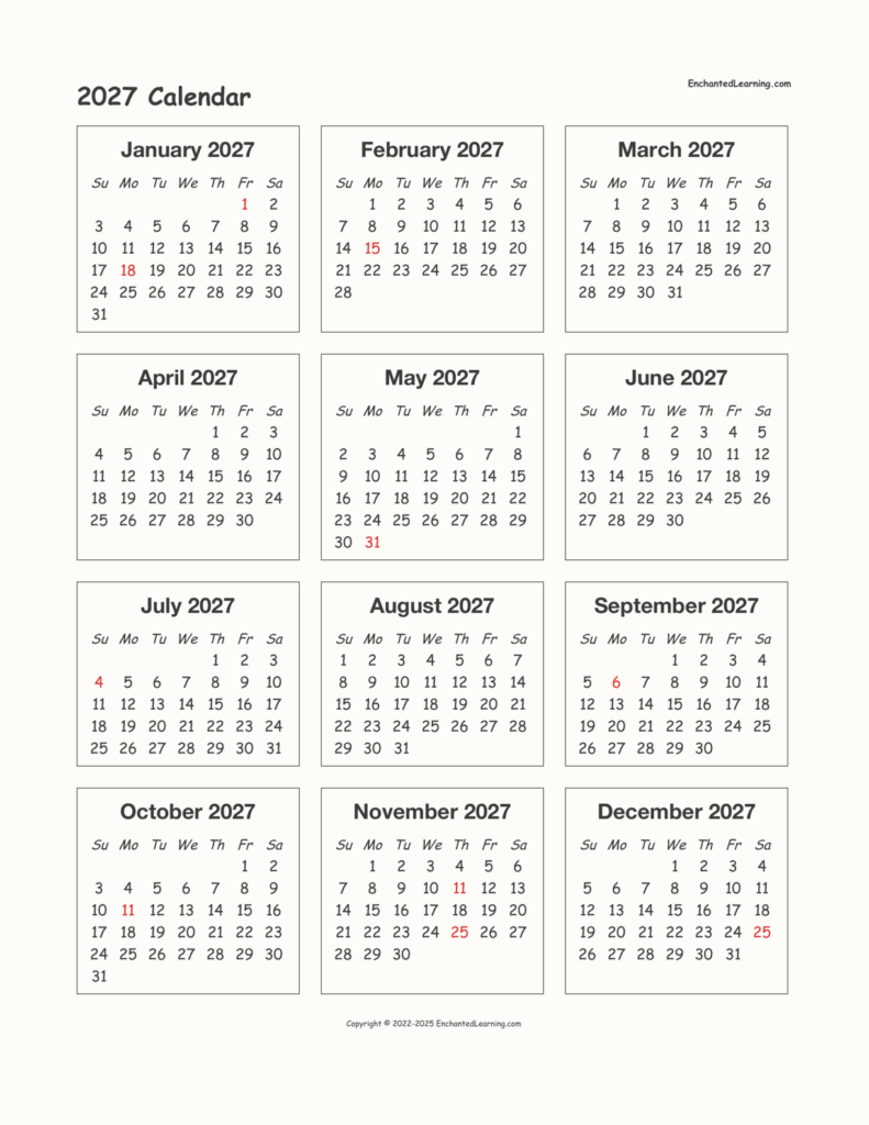 2027 Printable Calendar One Page With Holidays Free Printable Calendar