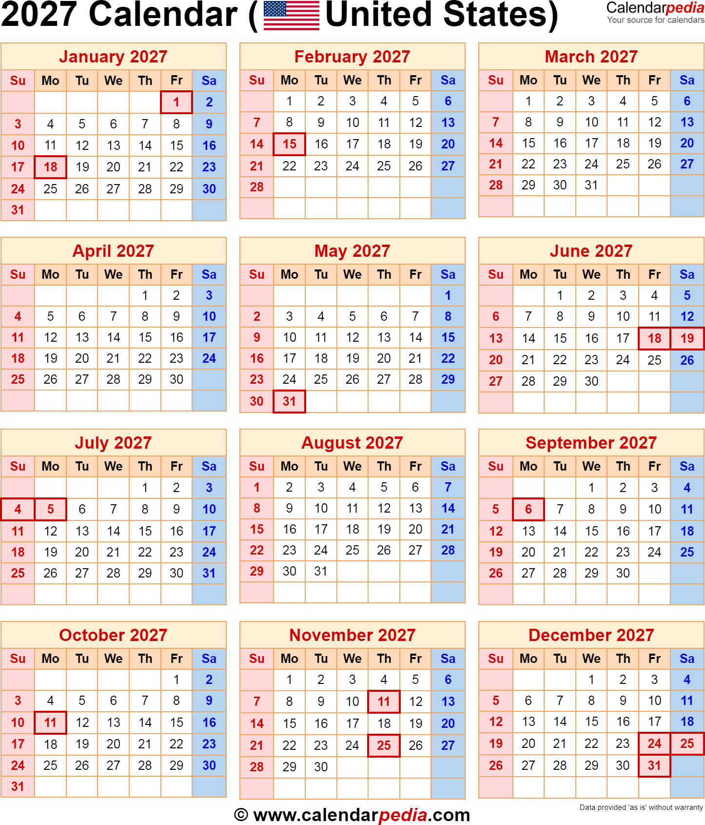 2027 Calendar With Federal Holidays