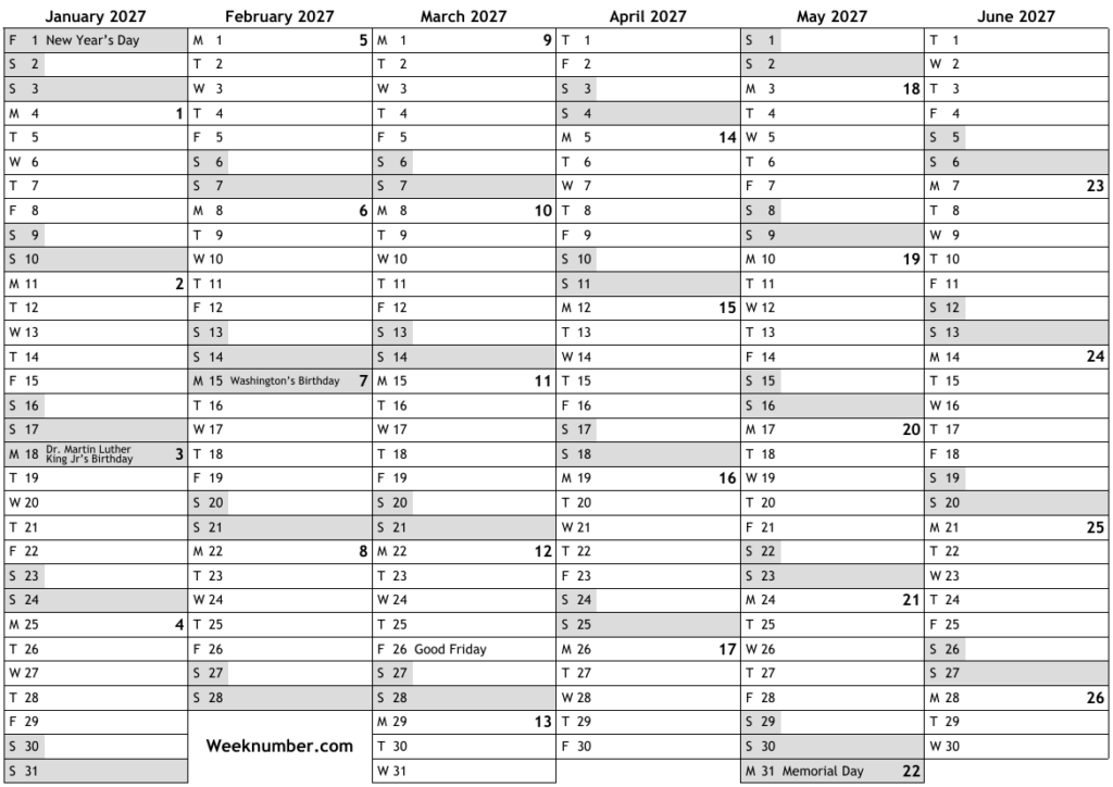 2027 Calendar With Week Numbers And Holidays For United States 