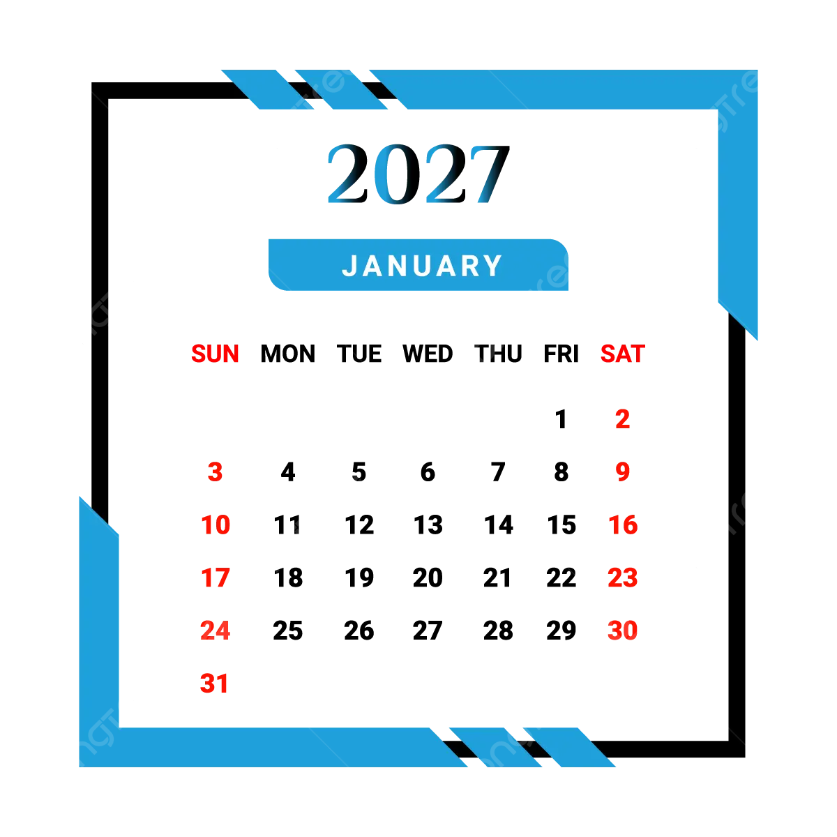 2027 January Month Calendar With Skyblue And Black Unique Style Vector