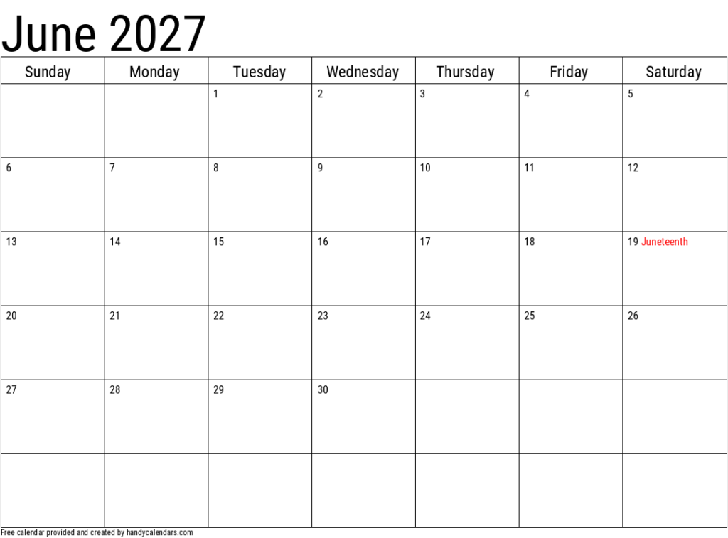 2027 June Calendars Handy Calendars