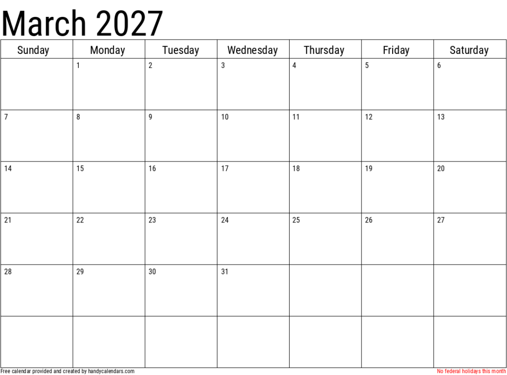 2027 March Calendars Handy Calendars