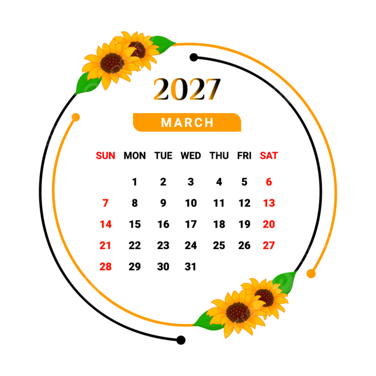 2027 March Month Calendar With Unique Flower Frame Vector Monthly 