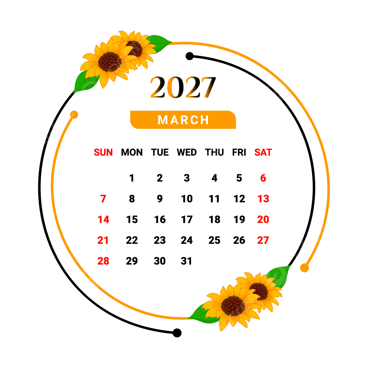 2027 March Month Calendar With Unique Flower Frame Vector Monthly