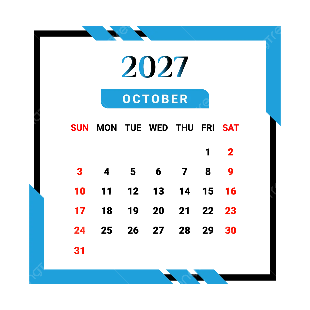 2027 October Month Calendar With Skyblue And Black Unique Style Vector