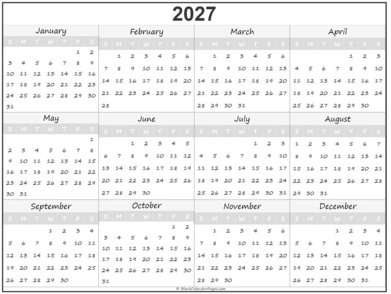 2027 Year Calendar Yearly Printable