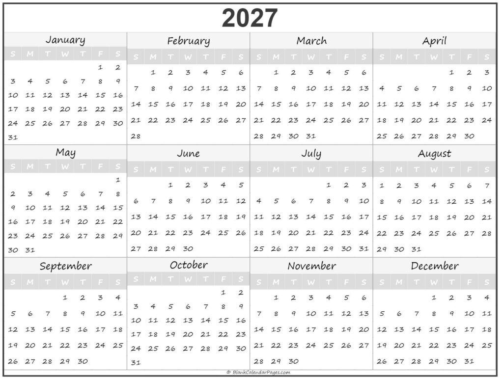 2027 Year Calendar Yearly Printable