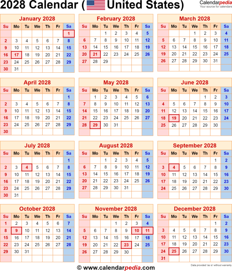 2028 Calendar With Holidays