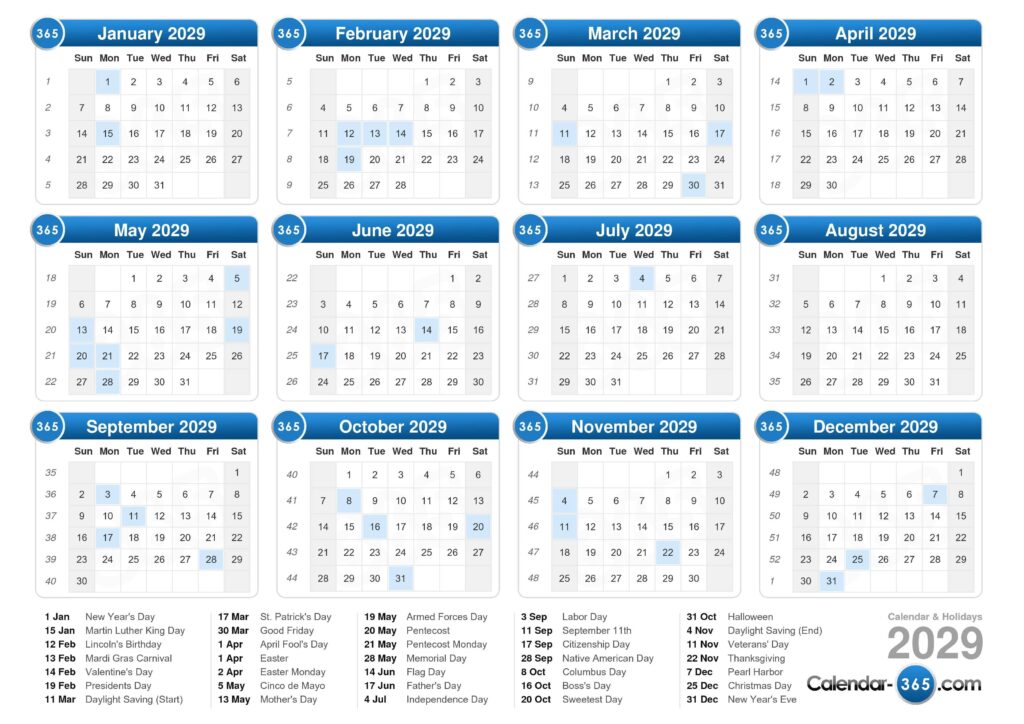 2029 Calendar