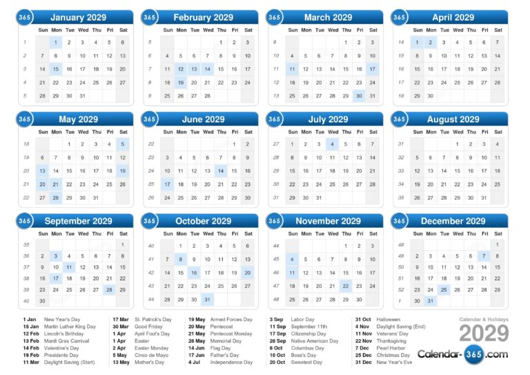 2029 Calendar