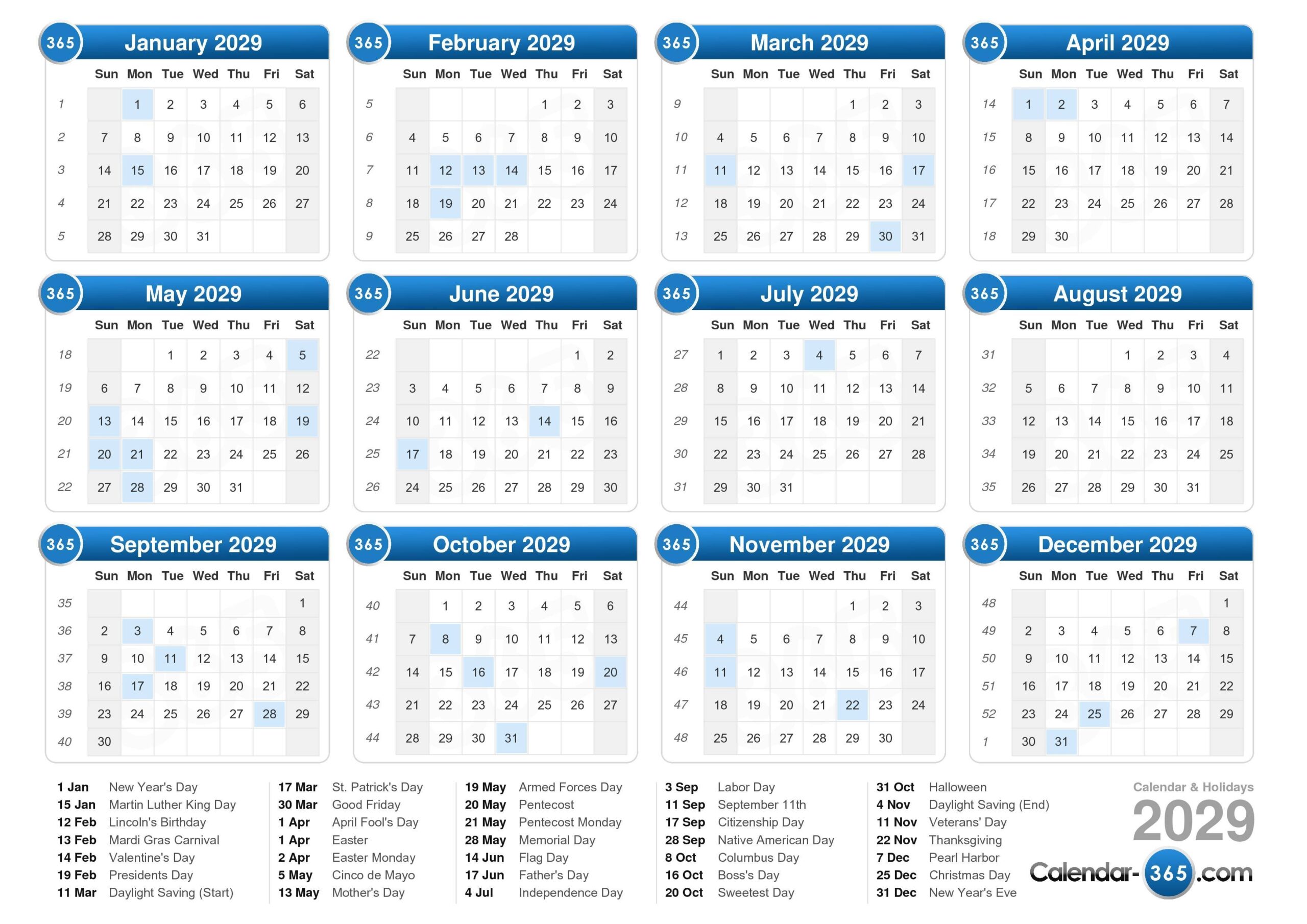 2029 Calendar