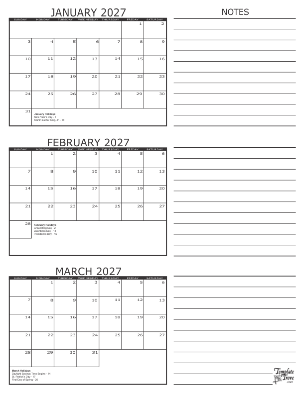 3 Month Calendar 2027