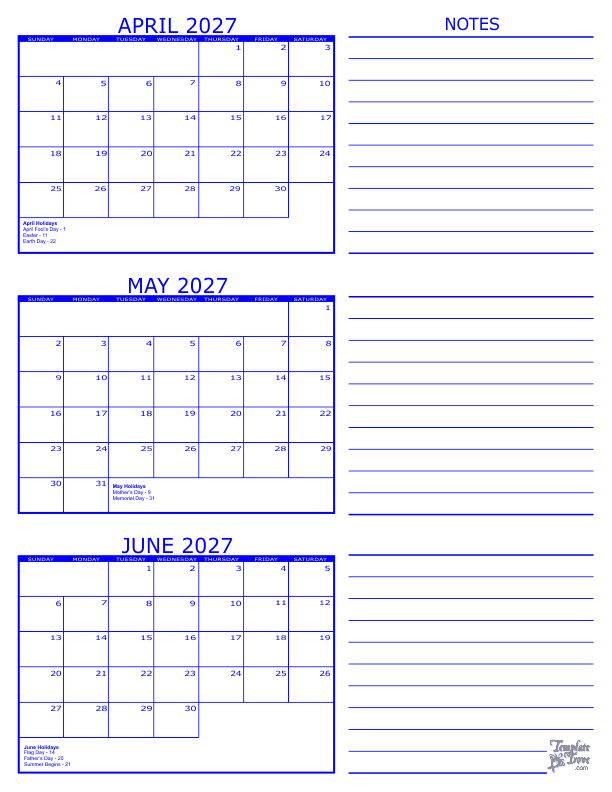 3 Month Calendar 2027