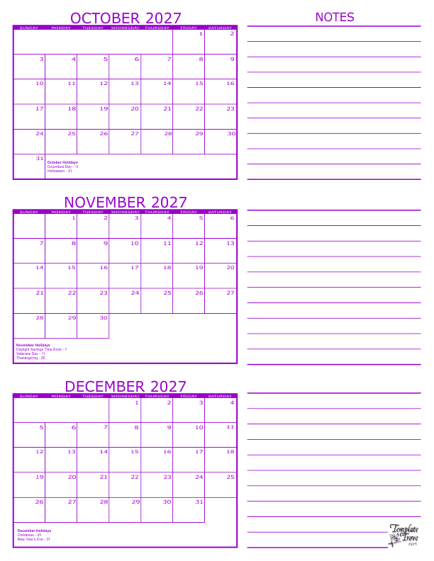 3 Month Calendar 2027