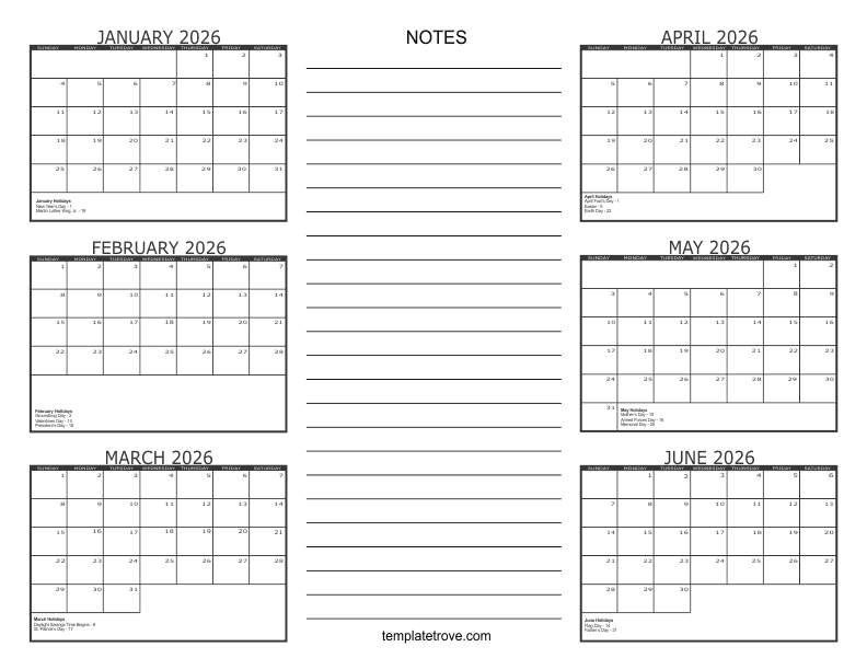 6 Month Calendar 2026