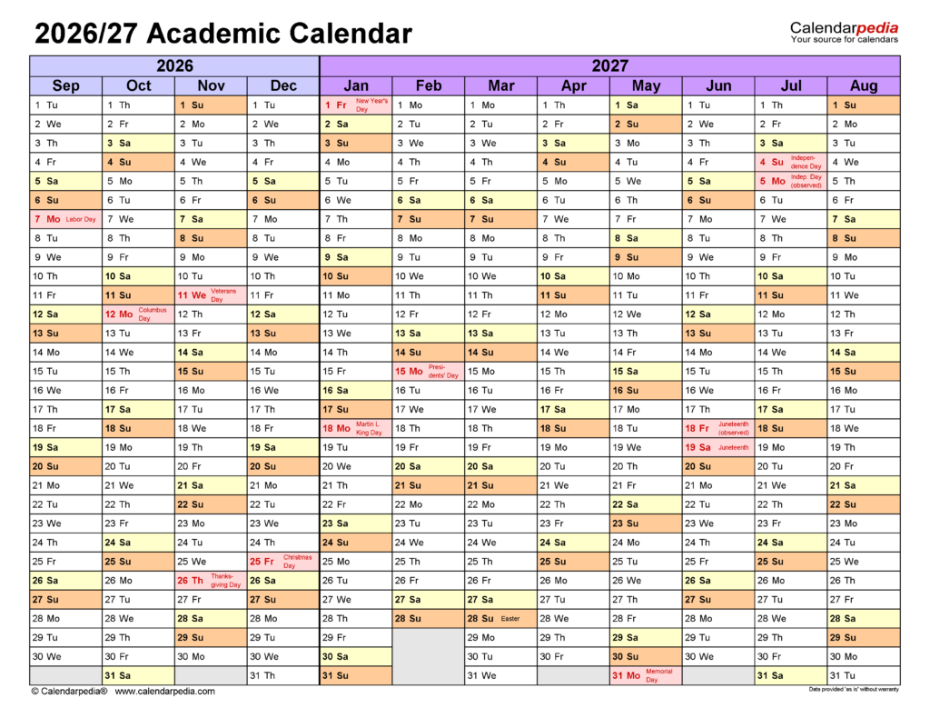 Academic Calendars 2026 2027 Free Printable Word Templates