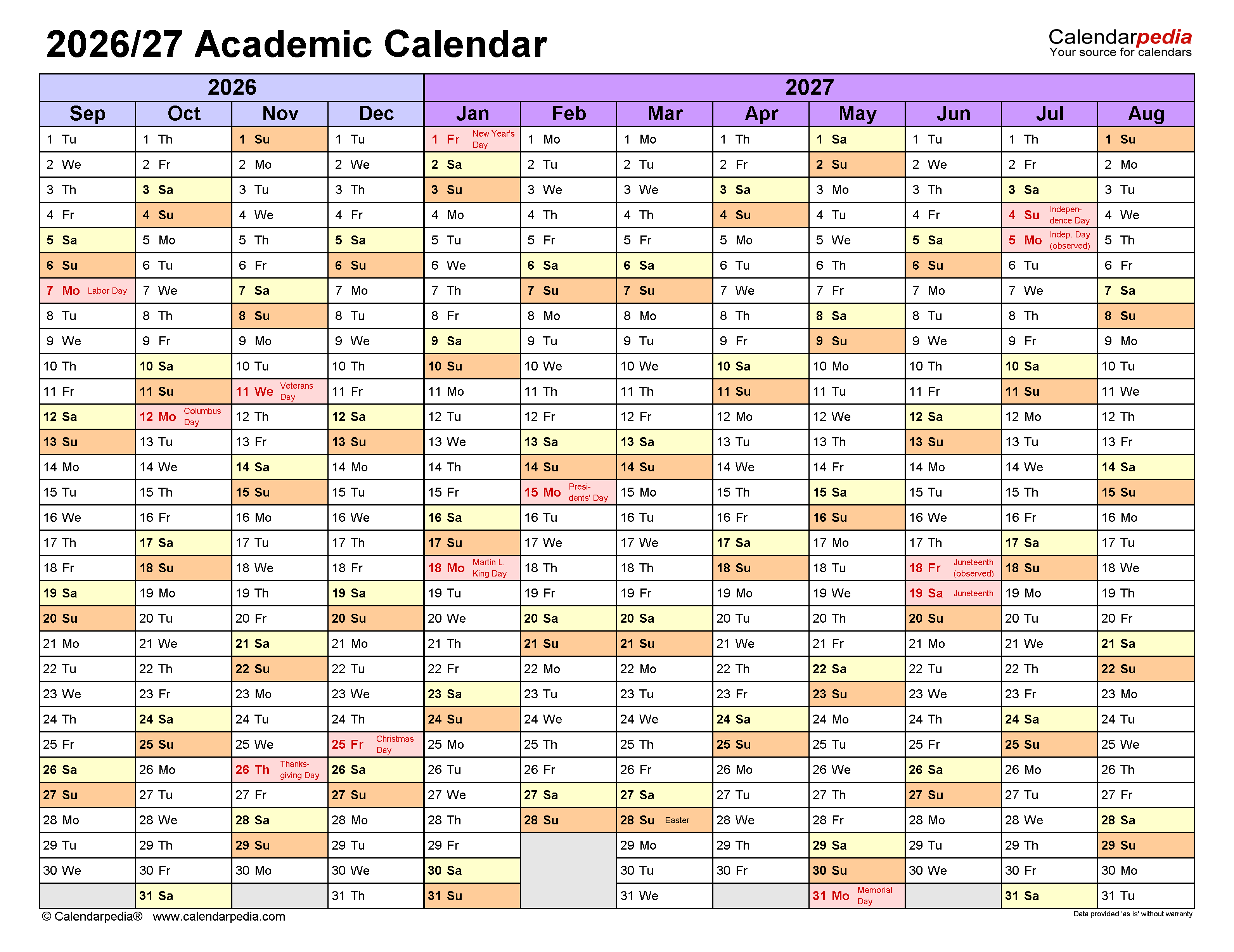 Academic Calendars 2026 2027 Free Printable Word Templates