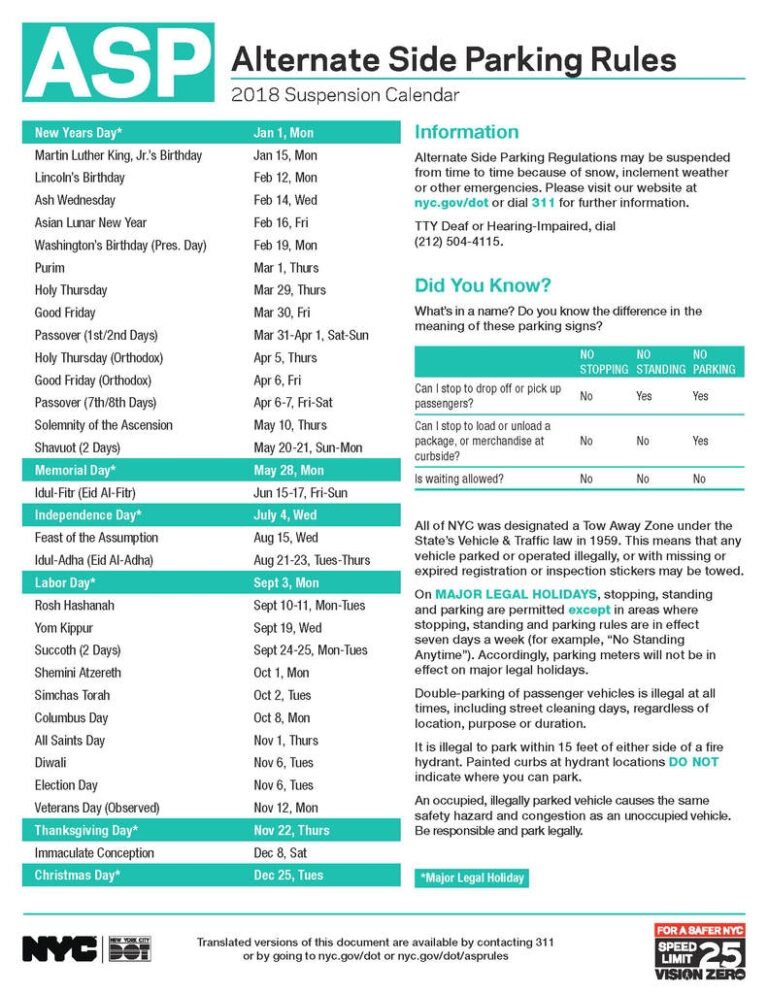 Alternate Side Parking Calendar New York City