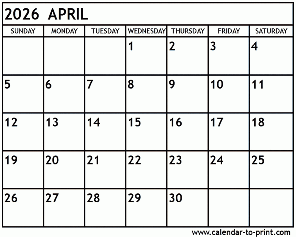 April 2026 Calendar Printable