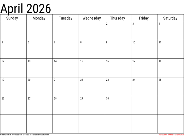 April 2026 Calendar With Holidays Handy Calendars